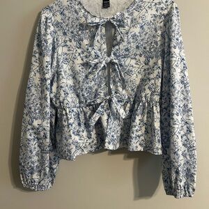 SHEIN Blue Floral Bow-Tie Blouse